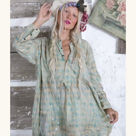 Magnolia Pearl Tops - NWT Magnolia Pearl Ines Shirt Tangier Mint Green HighLow Boho Cotton Distressed